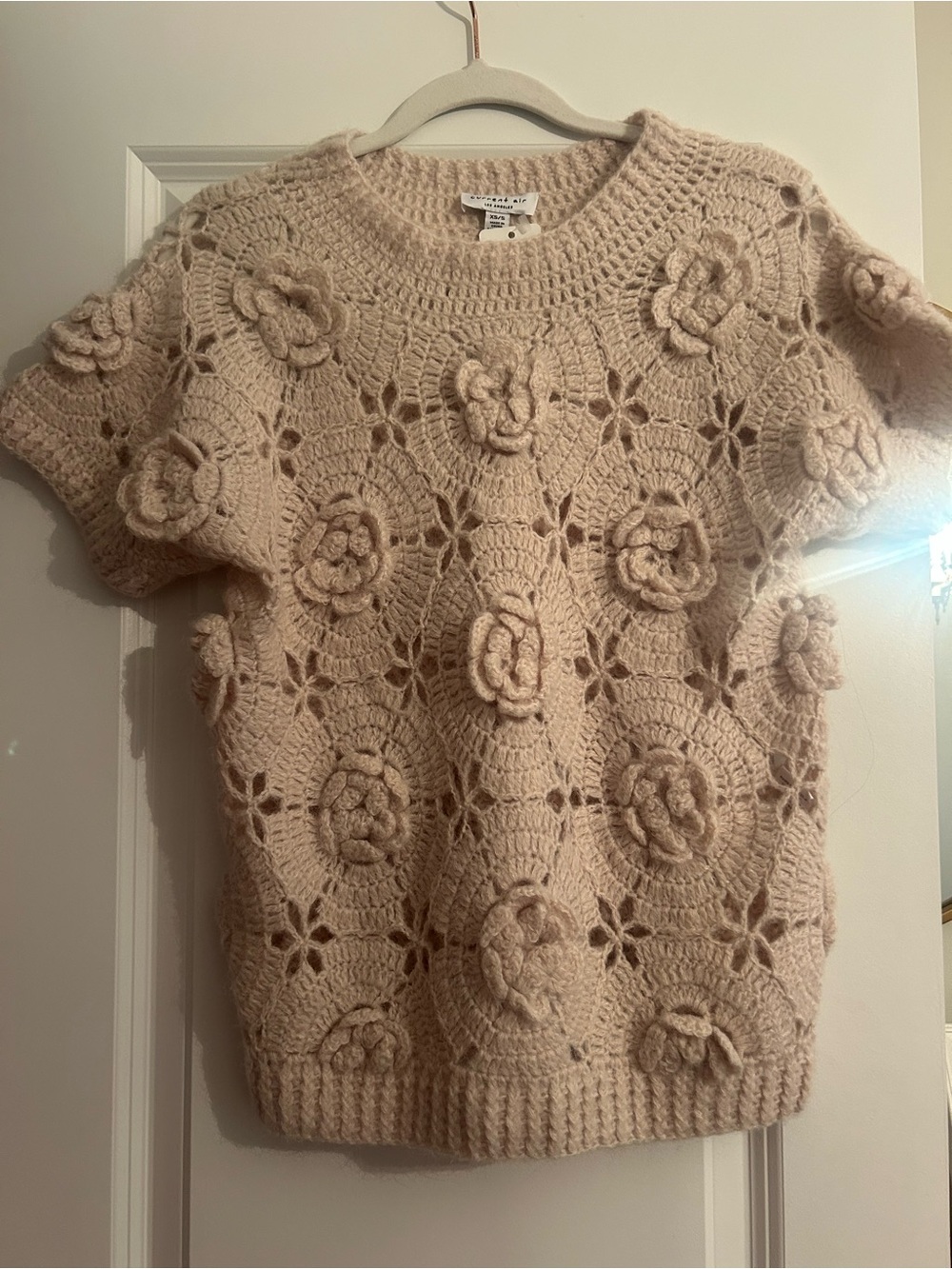 Current Air Cream Crochet Floral Short Sleeve Crewneck Sweater